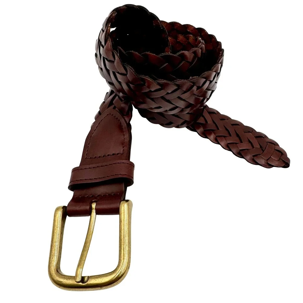 Woven Braided Leather Belt Mens Size M Brown Brass-Tone Buckle Casual Dress